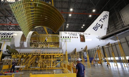 Converting the first B777-300ER: cutting an opening for the cargo door